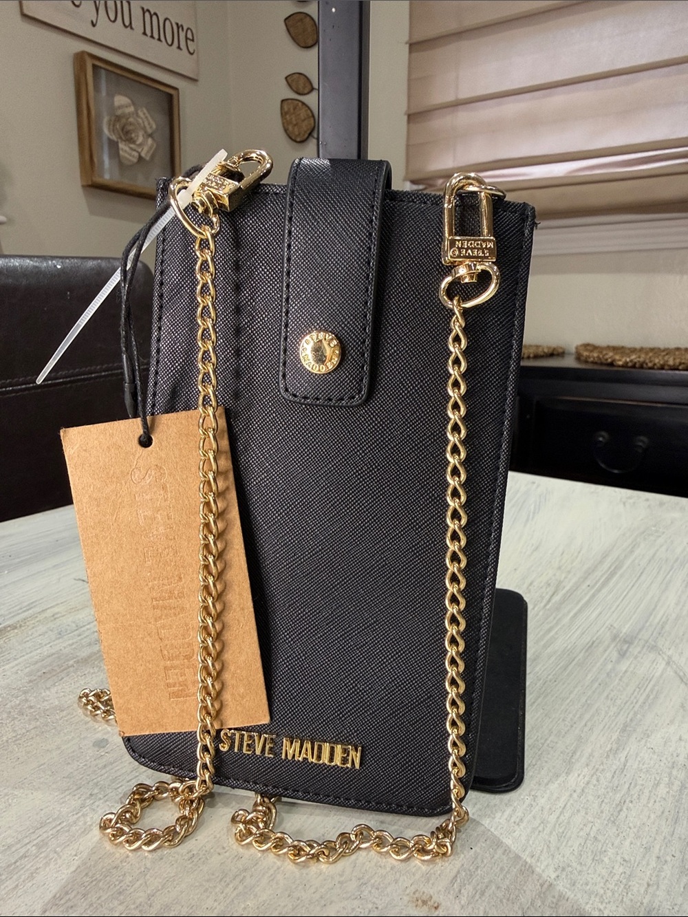 Steve Madden Black Crossbody Phone Pouch with Gold Chain